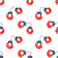 Seamless pattern with red hand-drawn handcuffs