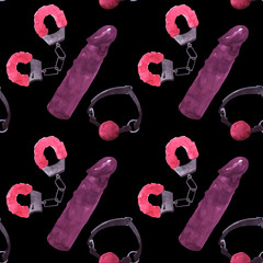Black pattern with pink hand-drawn handcuff and dildo