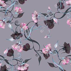 watercolor and pastel flowers and leaves, pink-blue branches in vintage graphic merged pattern on gray seamless background, for use in design, textiles, wrapping paper, Wallpaper, stationery