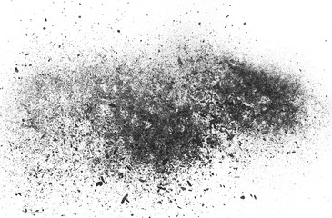 Black charcoal dust, gunpowder isolated on white background and texture, top view