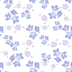 Modèle sans couture vintage avec champ petites fleurs bleues sur fond blanc.