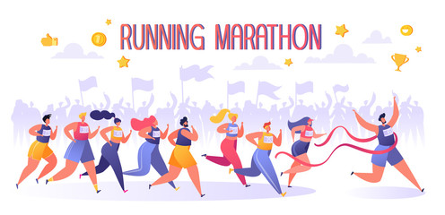 Active people characters running marathon distance. Healthy lifestyle concept, summer outdoor. Athlete, sprinter-sportsmen and sportswomen run marathon, sprint race. Flat, cartoon, trendy, vector EPS.