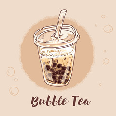Vector illustration sketch. Hand drawn bubble pearl milk tea.