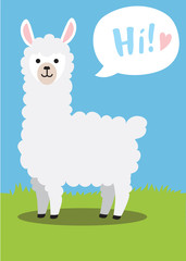 Lllama cartoon character saying hi! Cute fluffy llama standing on a grass and greeting us with text ballon with little heart in it. Flat vector illustration drawing in light colors for kids.