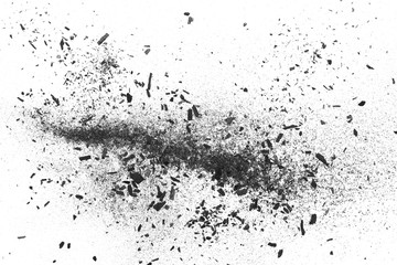 Black charcoal dust, gunpowder isolated on white background and texture, top view