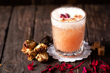 Rustic wooden background, delicious cocktail beverage and stylish decoration