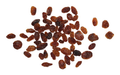 Pile of raisins isolated on white background, top view
