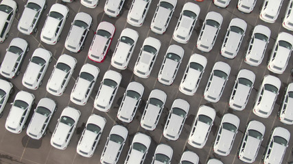 TOP DOWN: Flying over cars wrapped in white parked in car dealership parking lot