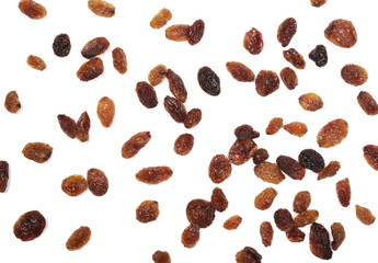 Pile of raisins isolated on white background, top view