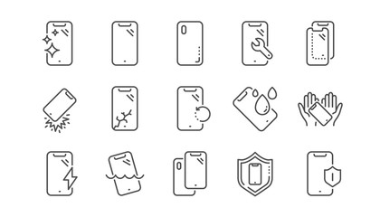 Smartphone protection line icons. Tempered glass, screen protector and water resistant. Phone cover, display glass protection and shockproof device icons. Linear set. Vector