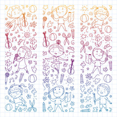 creative kids dancing, sing, playing football, playing guitar, violin, making models from paper. Gradient drawing on squared notebook.