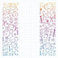 creative kids dancing, sing, playing football, playing guitar, violin, making models from paper. Gradient drawing on squared notebook.