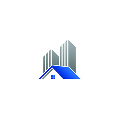 Real Estate Construction Logo design vector Template house and building with blue grey color