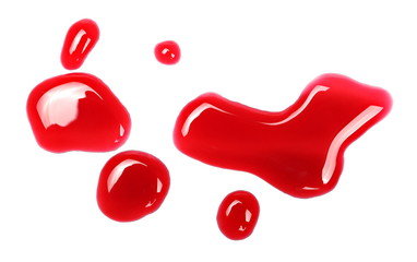 Spilled red wine puddle isolated on white background, top view