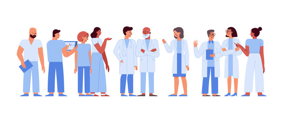 Vector illustration in flat linear style with characters  - medical team - group of doctors and nurses standing together
