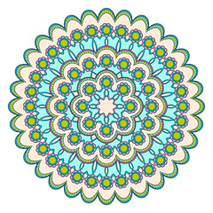 Decorative colorful ethnic mandala pattern. Design element for greeting card, banner or poster in oriental style. Hand drawn illustration