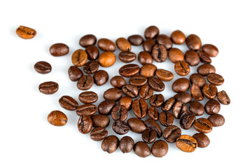 Close-up coffee beans on a white background, shot with a macro lens with a diaphragm of F11