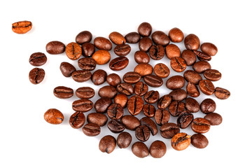 Close-up coffee beans on a white background, shot with a macro lens with a diaphragm F32