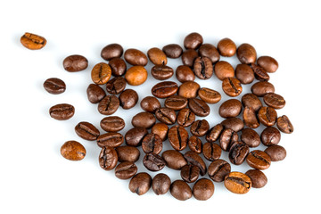 Close-up coffee beans on a white background, shot with a macro lens with a diaphragm of F16