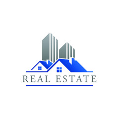 Real Estate Construction Logo design vector Template house and building with blue grey color