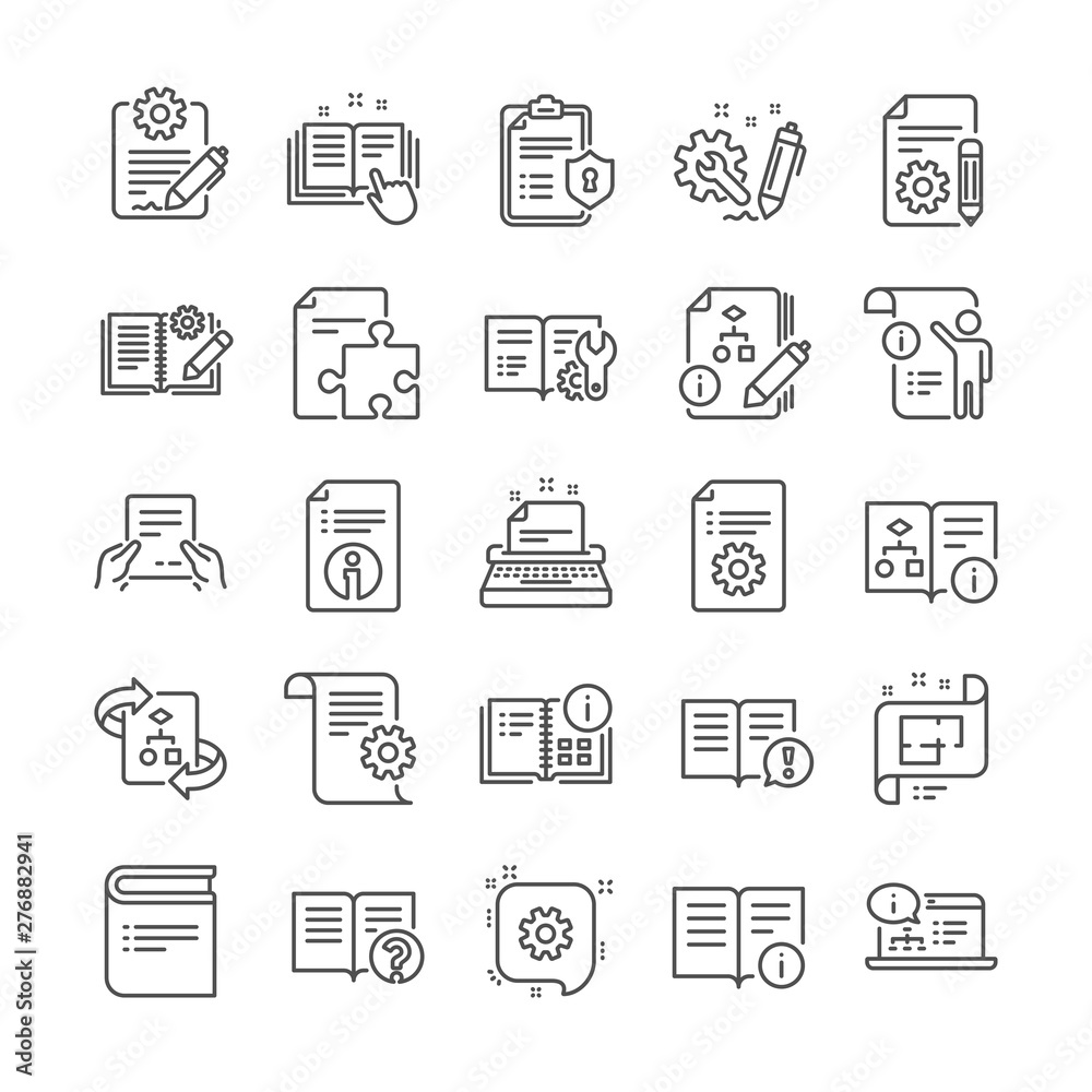 Poster technical document line icons. set of plan, instruction and manual icons. help document, building pl