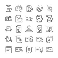 Technical document line icons. Set of Plan, Instruction and Manual icons. Help document, Building plan and Algorithm symbols. Technical blueprint, Engineering instruction, Work tool, building. Vector