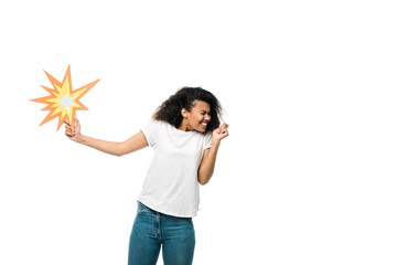 curly african american woman with closed eyes holding comic bubble isolated on white