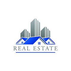 Real Estate Construction Logo design vector Template house and building with blue grey color