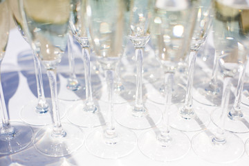 lot of glasses with champagne during on the party table. a row of glasses filled with champagne are lined up ready to be served