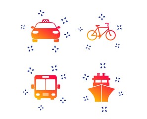 Transport icons. Taxi car, Bicycle, Public bus and Ship signs. Shipping delivery symbol. Family vehicle sign. Random dynamic shapes. Gradient transport icon. Vector
