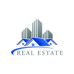 Real Estate Construction Logo design vector Template house and building with blue grey color