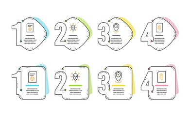 Face biometrics, File settings and Timer icons simple set. Attachment sign. Facial recognition, File management, Location pointer. Attach document. Technology set. Infographic timeline. Vector