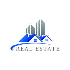 Real Estate Construction Logo design vector Template house and building with blue grey color