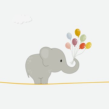 Cute elephant with colorful balloons on a wire