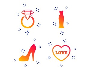Wedding slim dress icon. Women's shoe and love heart symbols. Wedding or engagement day ring with diamond sign. Random dynamic shapes. Gradient wedding icon. Vector