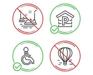 Do or Stop. Bumper cars, Parking and Disabled icons simple set. Air balloon sign. Carousels, Garage, Handicapped wheelchair. Flight travel. Transportation set. Line bumper cars do icon. Vector