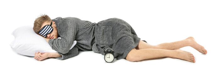 Sleeping man with mask and pillow on white background