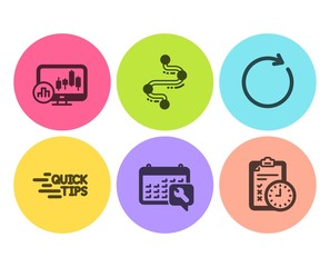 Timeline, Education and Candlestick chart icons simple set. Spanner, Synchronize and Exam time signs. Journey path, Quick tips. Technology set. Flat timeline icon. Circle button. Vector