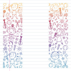 Creative kids dancing, sing, playing football, playing guitar, violin, making models from paper. Gradient drawing on exercise notebook.