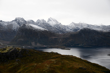 Fototapeta na wymiar Beautiful mountains and houses on Lofoten Islands in Norway
