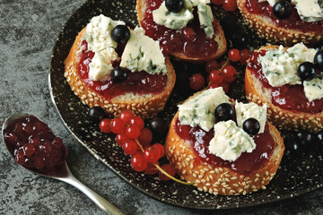 Healthy toasts with currant jam and blue cheese. Keto diet. Keto toasts Organic snack.