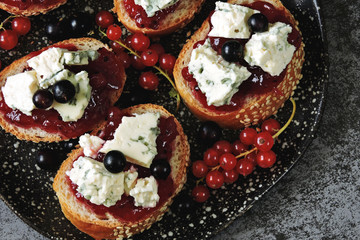 Healthy toasts with currant jam and blue cheese. Keto diet. Keto toasts Organic snack.