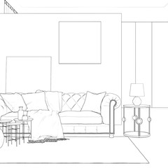 3d illustration. Sketch of сozy room interior