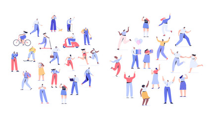 Crowd of people arranged in circle shape. Men and women kit. Different walking and running people. Outdoor. Male and female. Flat vector characters isolated on white background.	