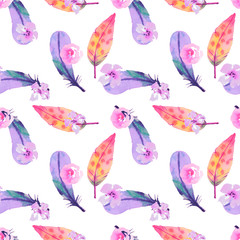 Watercolor hand painted colorful feathers and flowers illustration seamless pattern isolated on white background