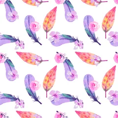 Fotobehang Vlinders Aquarel handgeschilderde kleurrijke veren en bloemen illustratie naadloze patroon geïsoleerd op een witte achtergrond