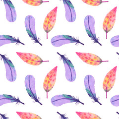Watercolor hand painted colorful purple and pink feathers illustration seamless pattern isolated on white background