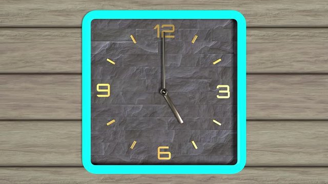 3d animation of square shape clock on the wall. Seamless pattern of time moving. 