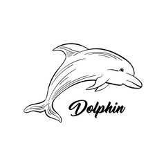 Dolphin monochrome flat vector illustration. Sea animal, intelligent mammal freehand sketch. Saltwater creature black ink drawing. Marine life, fauna representative sketched outline with inscription