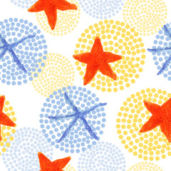 watercolor starfish and dots seamless patern illustrations 